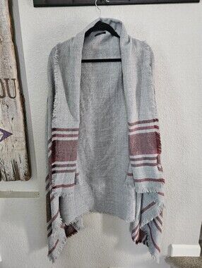 Papermoon Light Gray Open Front Poncho with Burgundy Stripe